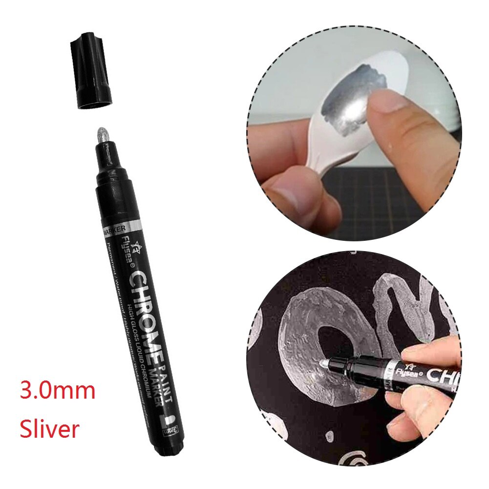 Stylo de peinture réfléchissant, argent, or, cuivre, marqueur Permanent, étanche, encre brute, pointe miroir, effet métallique, stylos de peinture artisanaux: 3.0mm Sliver