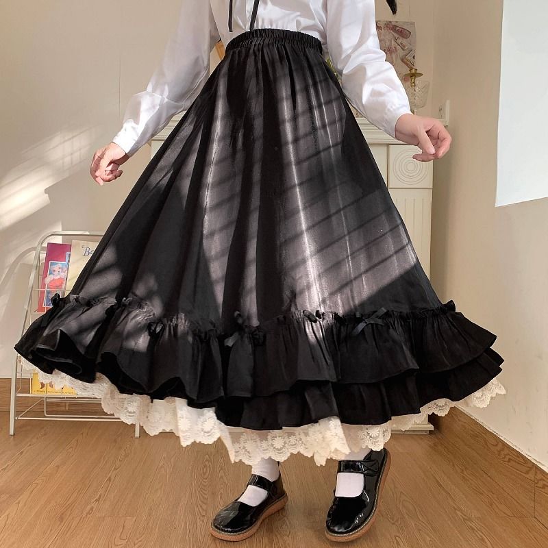 Women's Skirt Vintage French Ruffled Double Layer Half Skirt Lolita Long Skirts Women 2023 A-line Pleated Skirt: XXL / Beige