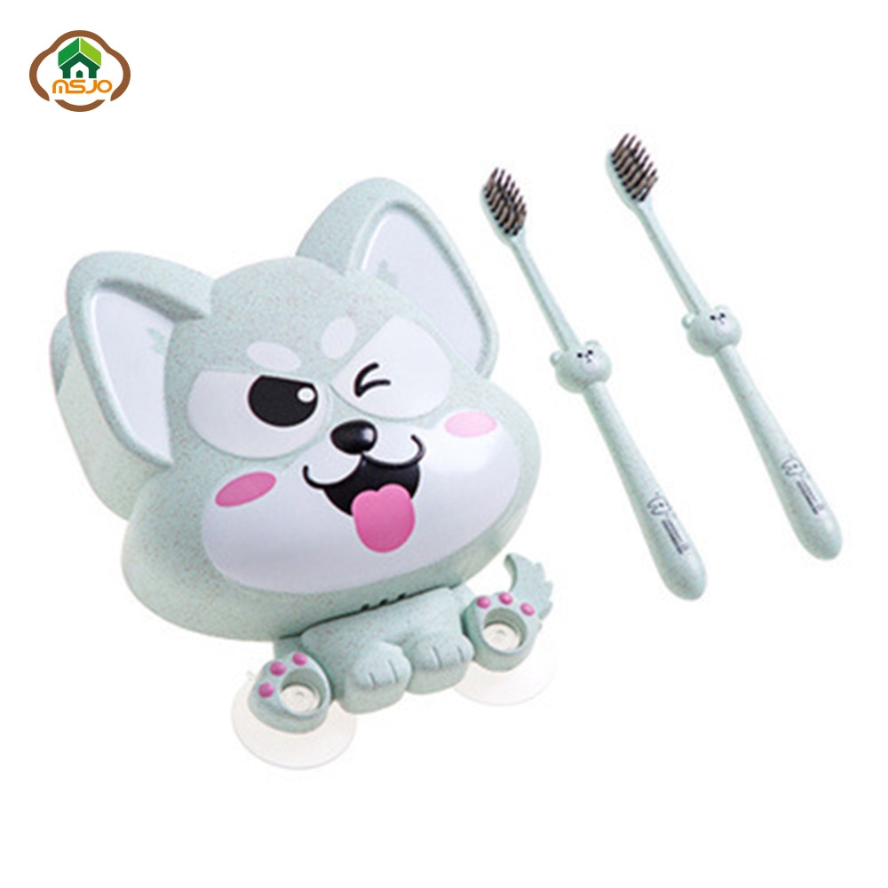 Msjo børn tandbørste indehavere sæt børn suge hund væg beholder til 2 stk tandbørste sød plast badeværelse tandpasta holder
