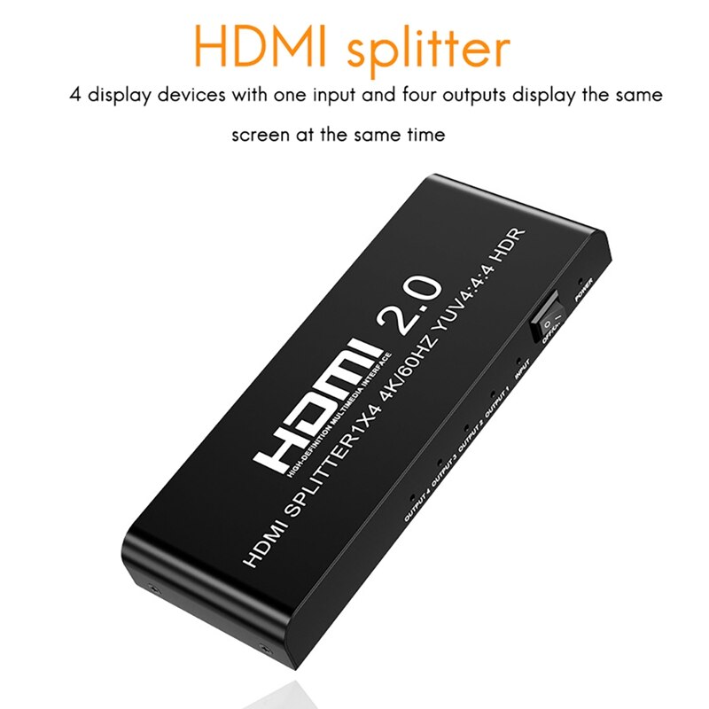 Hdmi 2.0 1X4 Splitter Hd Video Splitter 4K 60Hz Voor Computer Monitor Dvd-speler Projector Televisie (Eu plug)