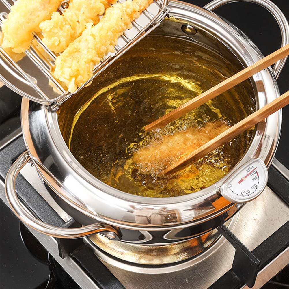 Multifunktionel frituregryde med låg stegt kyllingolie cylinder køkken tempura gryde temperatur kontrol hjemmelavede værktøjer