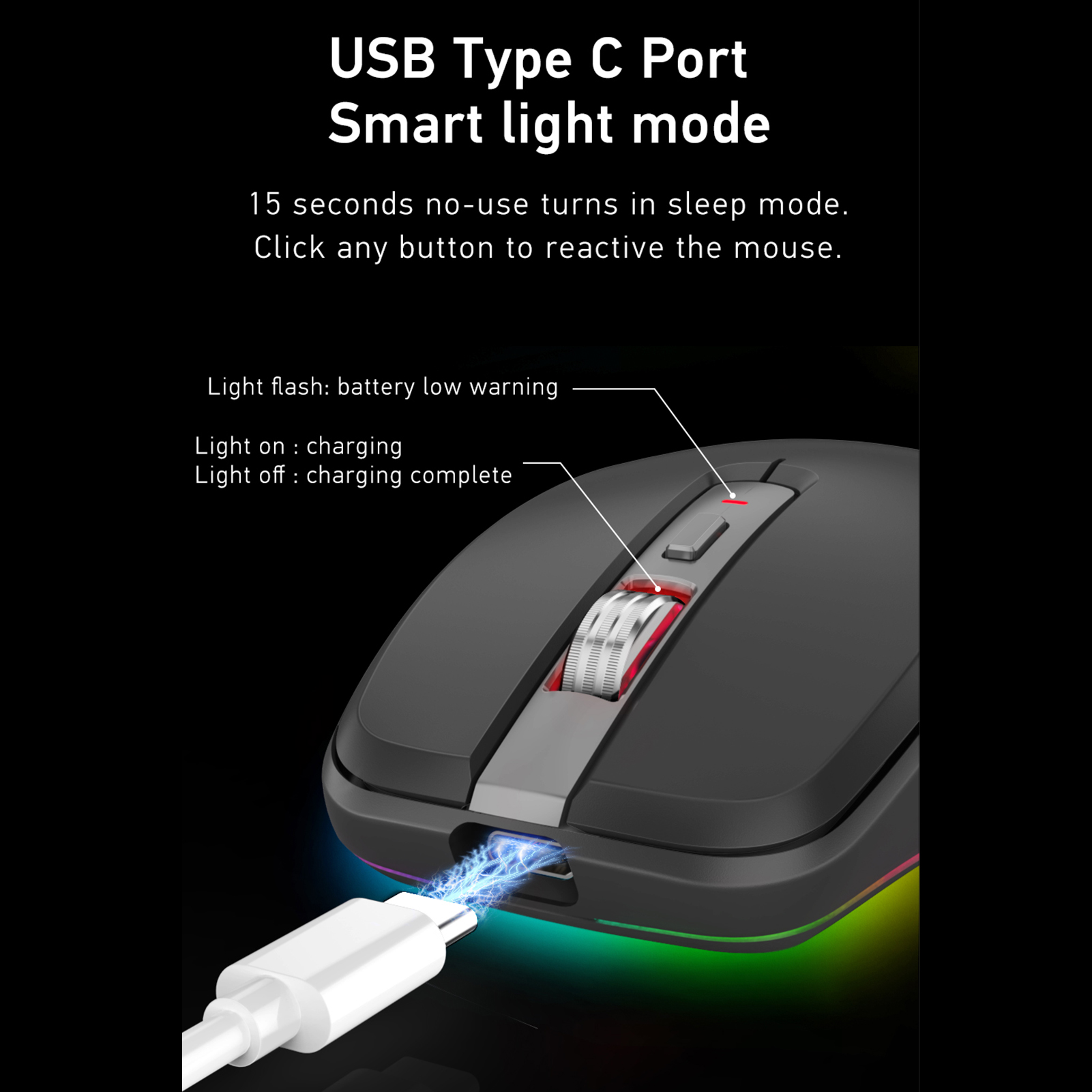 Dual-mode draadloze muis USB2.4G+BT5.1 Type-C oplaadbare gamingmuis Ergonomisch 2400 DPI met RGB-lichtmuizen