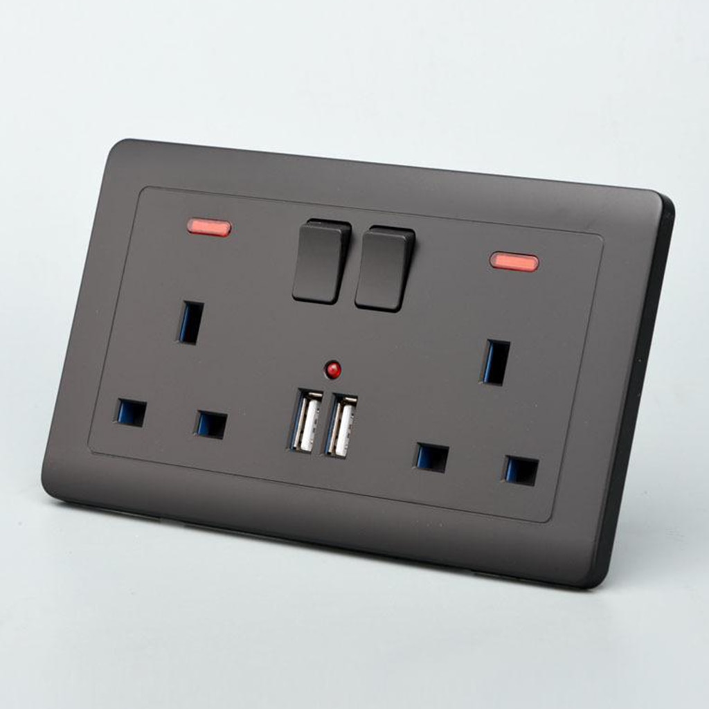 UK Plug Wall Switch Double Sockets 2 Gang 13A with 2 USB Charging Ports Black