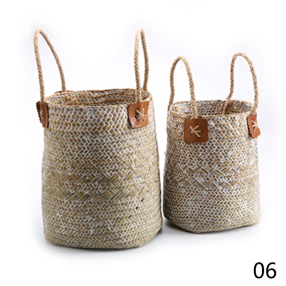 Seagrass Woven Storage Baskets Garden Flower Vase Hanging Basket Rattan Planter Potted Organizer Home Laundry Basket with Handle: 02 S and M
