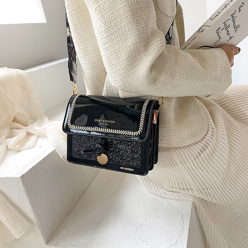 Damväska bred axelrem axelväska messenger bag casual dam crossbody-väska glänsande flik dam handväskor handväska