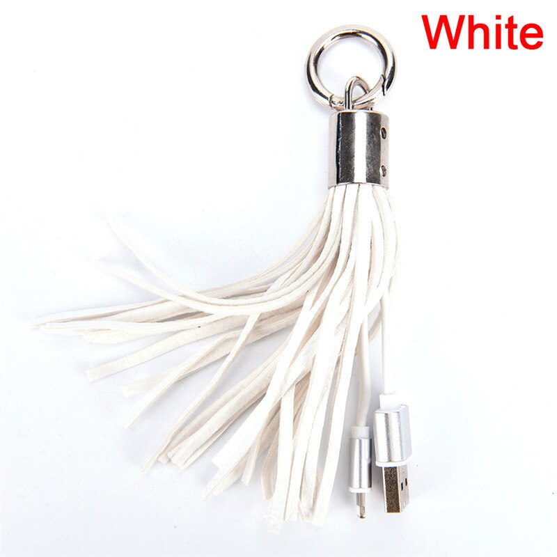 Mini USB cable phone with metal key ring data cable USB cable leather tassel key chain for iPhone: White