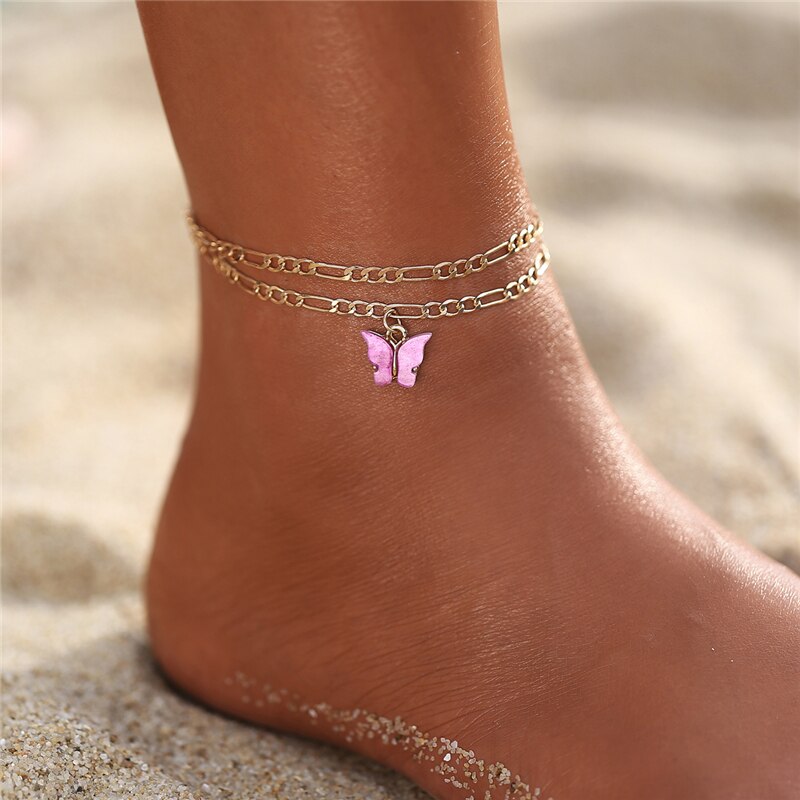 Bracelet de cheville papillon bohémien pour femmes, Vintage, bijou de cheville, avec perles à pompon, fait à la main, perle, pour pied: 5134503 purples