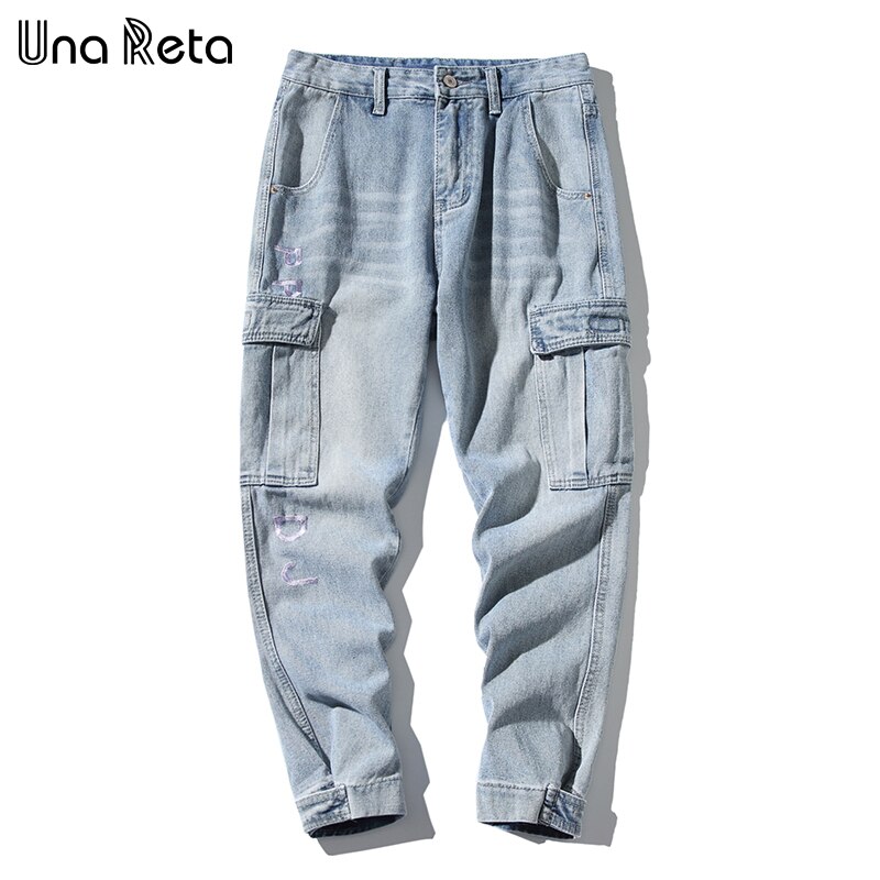 Una Reta Jeans Mannen Mode Hip Hop Heren Denim Joggers Street Style Elastische Taille Gewassen Streetwear Klittenband Broek Heren Jeans