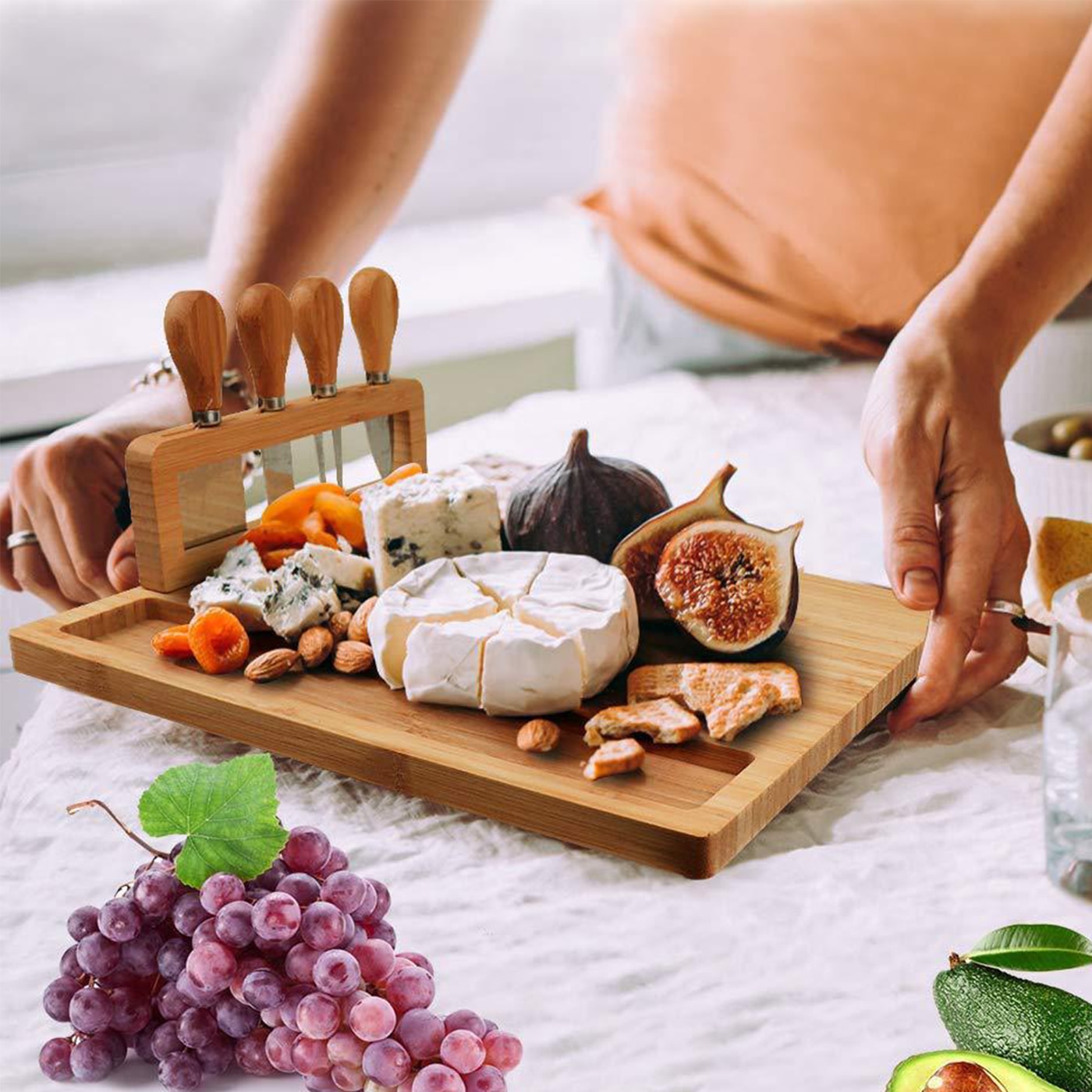 Cheese Board and Knife Set Large Charcuterie Platter Multifunctional Fruit Cheese Dessert Sweet Serving Wine Meat Cheese Tray