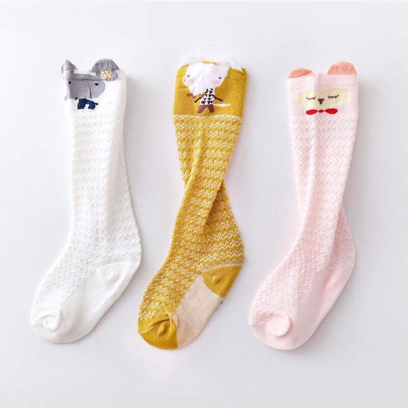 Balleenshiny 3pairs Long Tube Mesh Baby Socks for Boy Girls Knee High Anti-mosquito Socks Cartoon Animals Infant Floor Socks