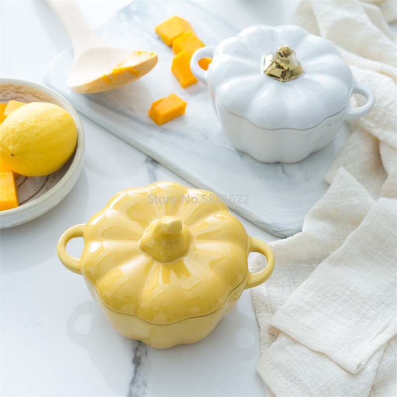 Cute Ceramic Pumpkin Bowl Sugar Bowl with Lid Handle Salad Fruit Soup Ice Cream Bowl Kitchen Noodles Bowls Decor Home Tableware
