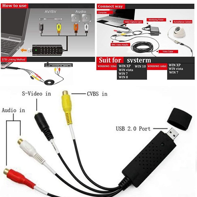 Fácil de Video USB 2,0 TV DVD VHS DVR captura VHS adaptador o tarjeta de captura para Windows