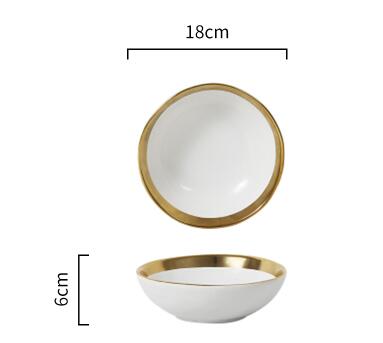 Assiette et bol en céramique à incrustation d'or, collection de vaisselle à bord doré, service de table blanc et noir doré: 600ml white bowl