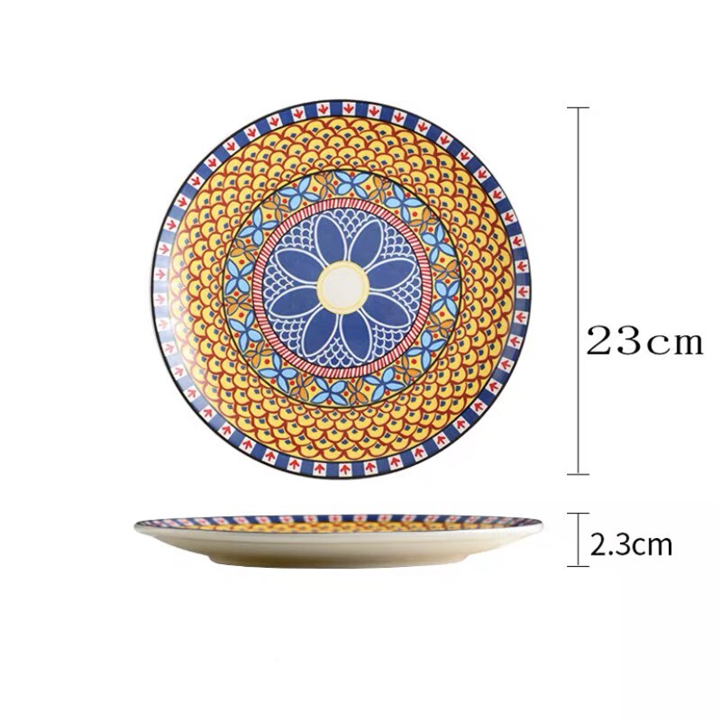 European Style Ceramic Bohemian Dinner Plate Hand Painted Dessert Fruit Plates Household Shallow Steak Dish Tableware: 9 inch B