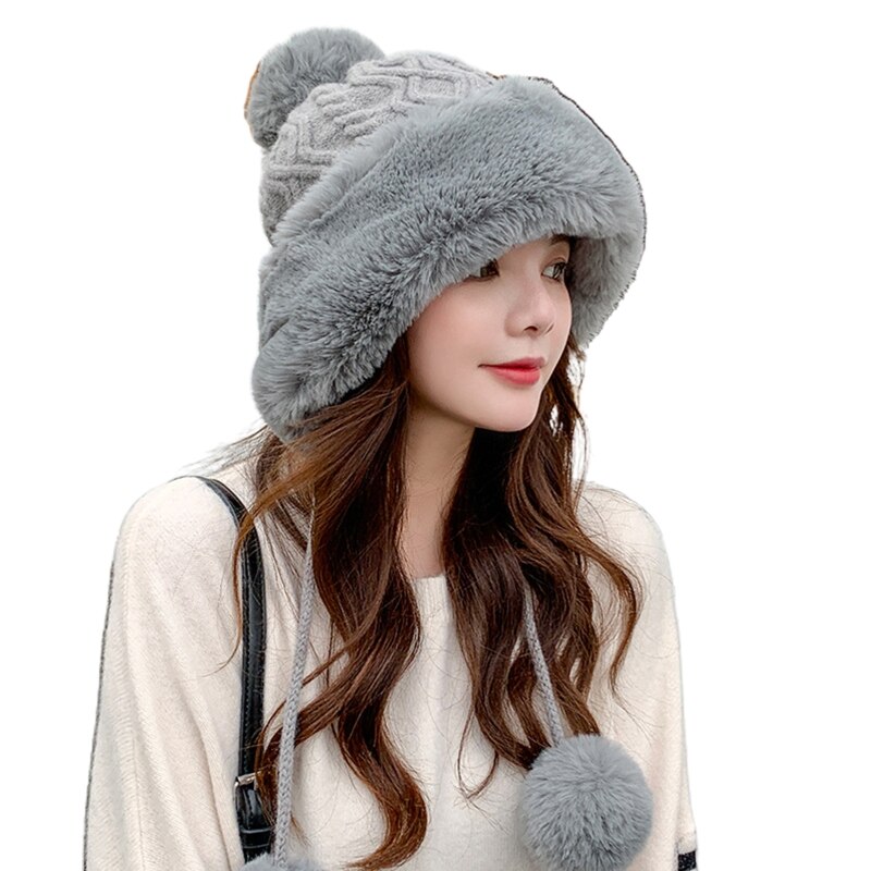 Vrouwen winter warme pluche kabel gebreide bomber muts pompon oorkleppen trapper pet warmer: Grijs