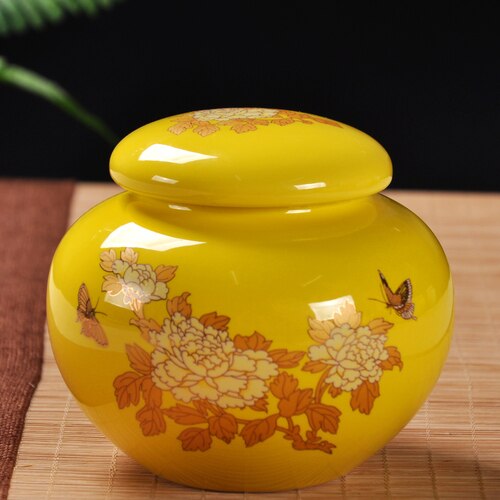 Chinese style tea caddy ceramic sealed pot household small storage tank empty box exquisite ceramic moisture-proof tea set box: Emperor Yellow