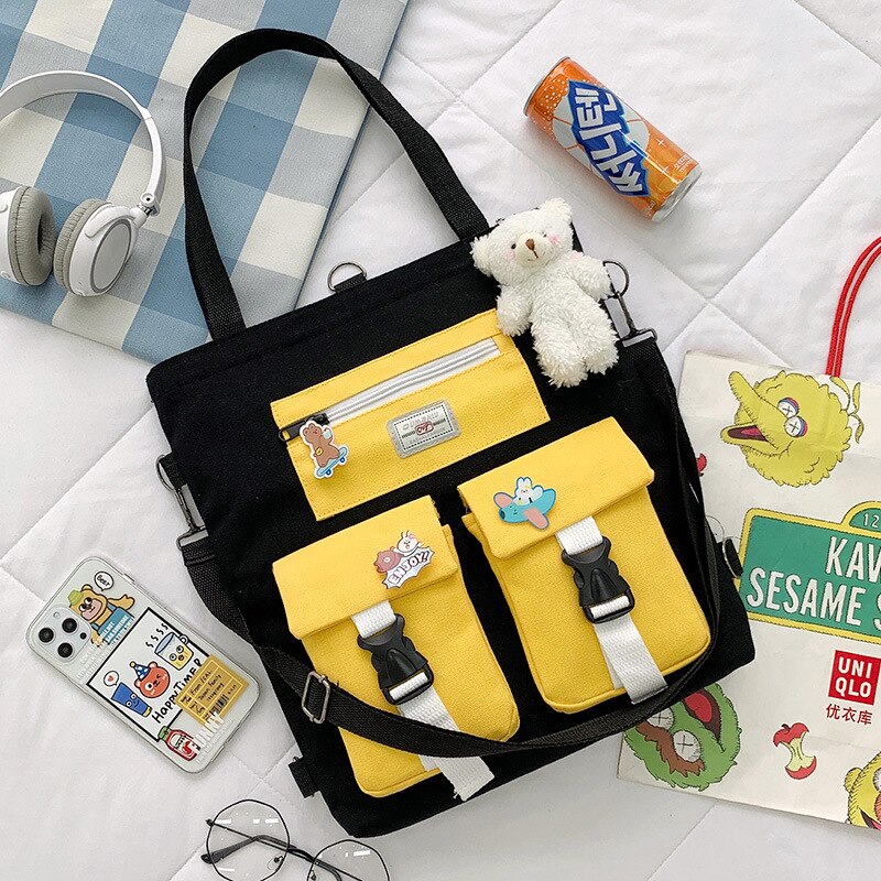 Student Backpack Book Bag Large-capacity Canvas School Class Female Bag Girls Canvas Shoulder Messenger Crossbody Bag: Black with bear