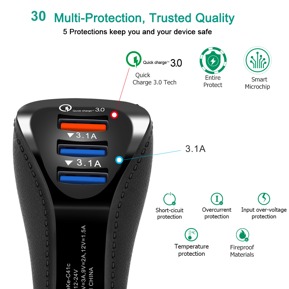 Triple Usb-poort Auto-oplader QC3.0 Fast Charger 3.1A Type C Android Smartphone Tablet Lader Veiligheid Adapter Opladen
