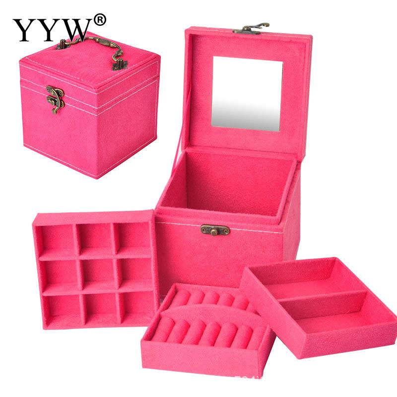 12x12x12cm Vintage Velvet Three-Tier Jewelry Box Multideck Storage Cases with Wood Mirror Wedding Birthday: 4