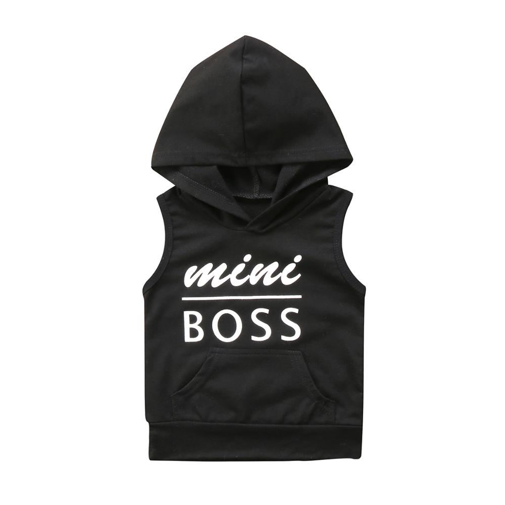 mini boss Letter Top T shirt Cute Baby Boy Sleeveless Hooded Outfit Summer Cloth