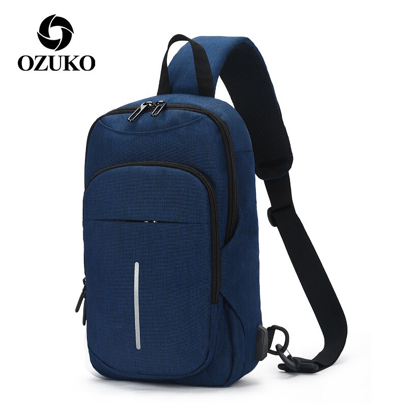 OZUKO Travel Multifunction Waterproof Men Chest bags External USB interface Single shoulder bag Chest Pack Crossbody Bag: Blue