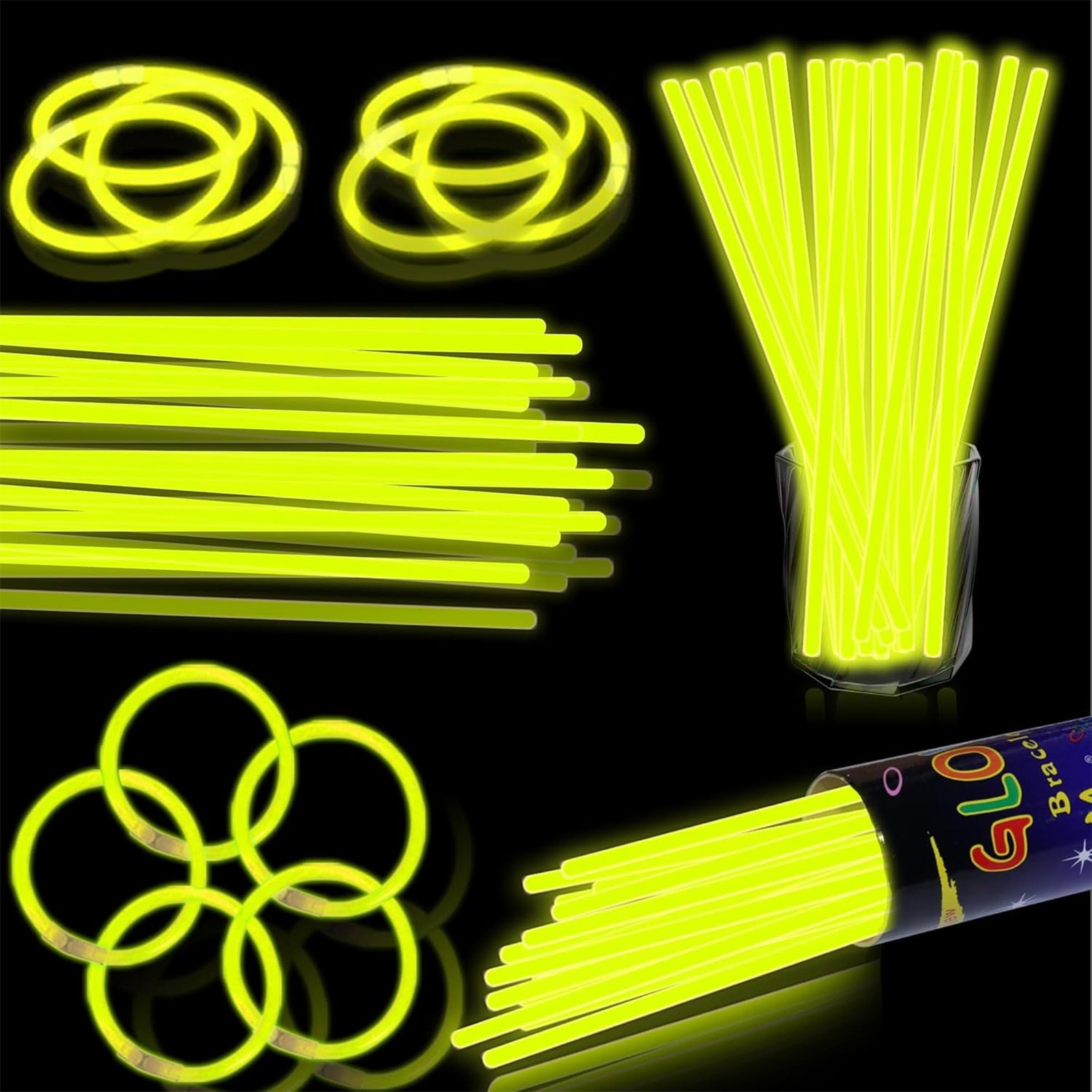 100 Uds. Palillos luminosos coloridos fluorescentes brillantes oscuros DIY pulsera collar barra luminosa decoración del banquete de boda de cumpleaños: YELLOW