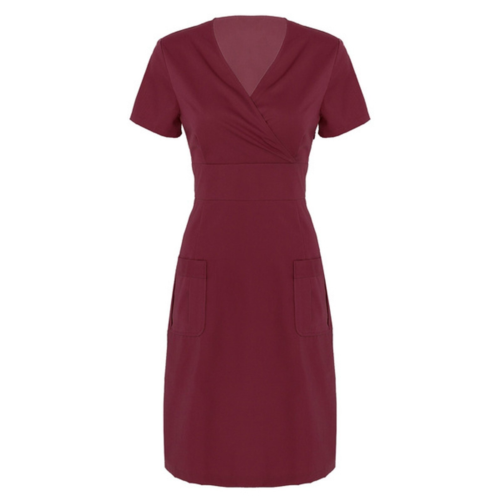 women's uniform dress Casual Short Sleeve V-neck Solid Working Uniform Solid Pocket Dress beautician uniform nurse uniform: Red / M