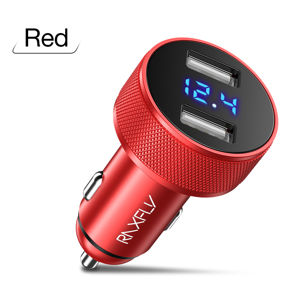 RAXFLY Car Charger Fast Charger $5 off $1 Digital Display 5V2.4A Dual USB Port For Xiaomi iPhone Samsung Phone Charger Charging: Red