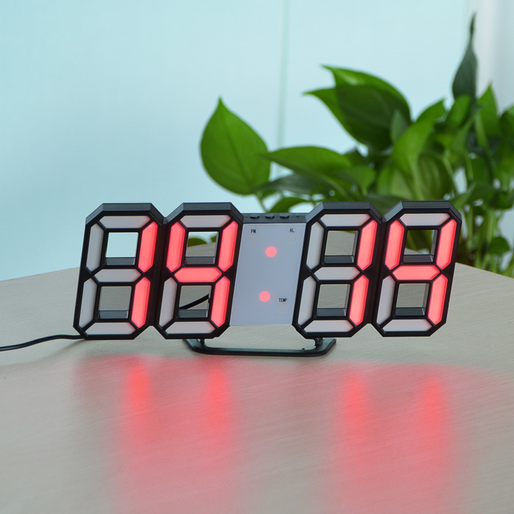 LED 3D Display Alarm Clock Digital Table Clock Home Office Decoration Snooze USB Wake Up light Electronic Desk Wall Clock Watch: Black Shell Red
