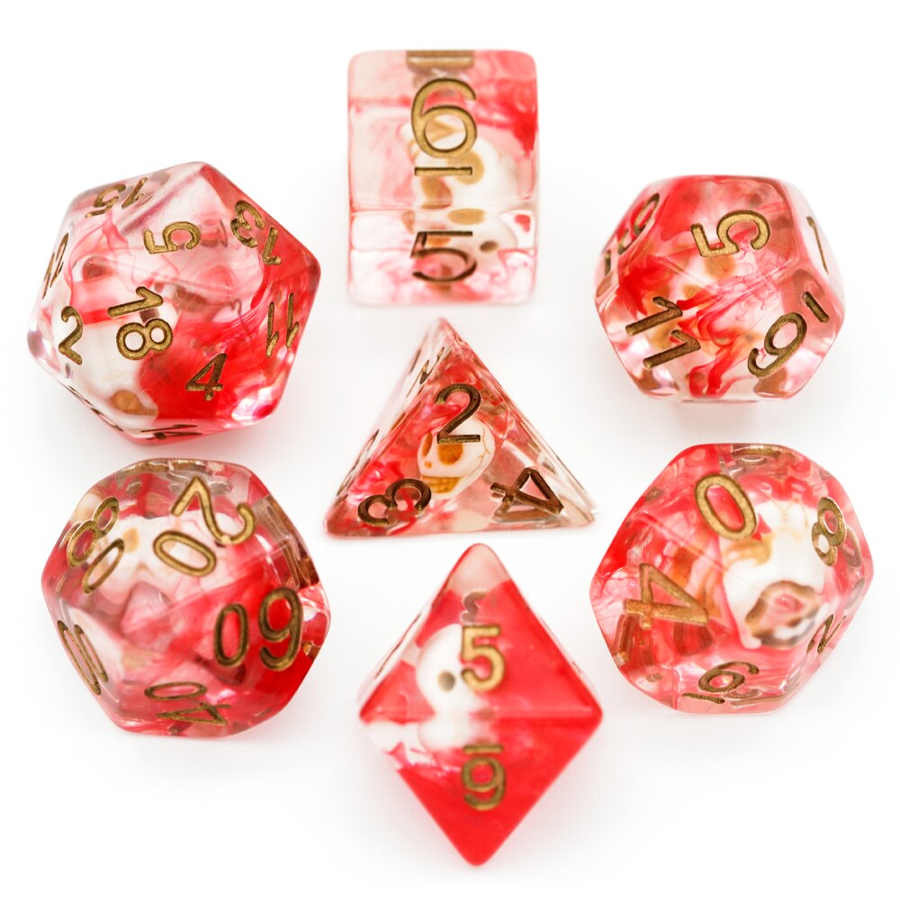 7 pçs/pçs/set crânio dnd dados d & d dados d4 d6 d8 d10 d % d12 d20 jogos poliédricos conjunto de dados para jogos de mesa mtg rpg: Skull Red Silk