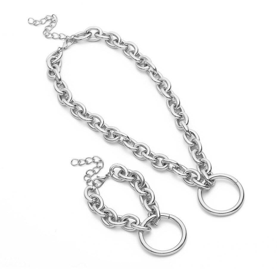 IngeSight.Z Vintage Choker Halskette Kragen Erklärung Punk Große Runde Kreis Chunky Halskette Armband Set für Frauen Männer Schmuck: Silver Color