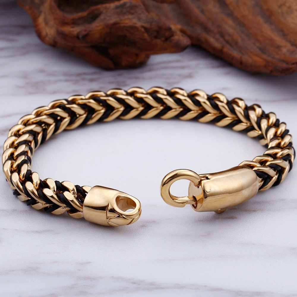 8MM Braided Leather Wrap Bracelet Men Golden Gold Plated Stainless Steel Men&#39;s Bracelets For Men Indian Jewelry Birthday