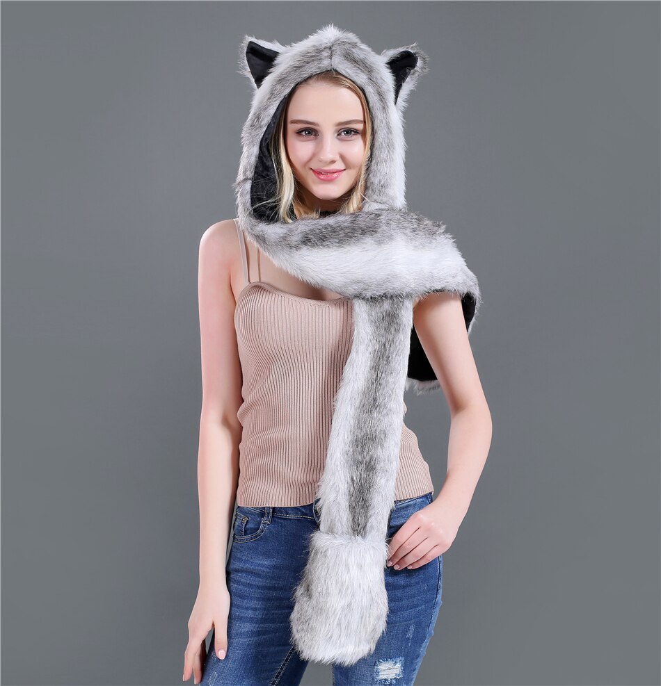 Imitation Fur Hat Cartoon Animal Hat Scarf Gloves One Piece Women Winter Set