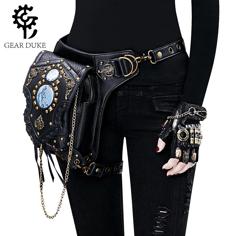 Steampunk, sac ceinture en cuir pour femmes, sacs aux jambes de moto, bandoulière avec support coque de téléphone, sacs noirs, nouveauté: HG082