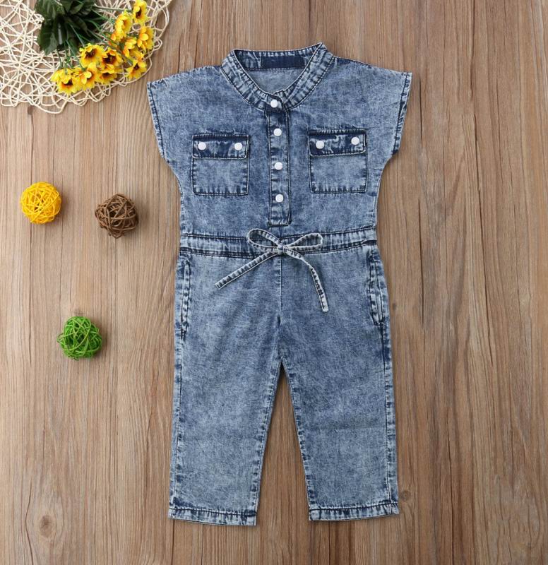 Baby Meisje Denim Overall Jeans Kinderen Broek Boog Mouwloze Mode Jumpsuit Baby Kleding 2-6Y E25673: 90cm 1-2T