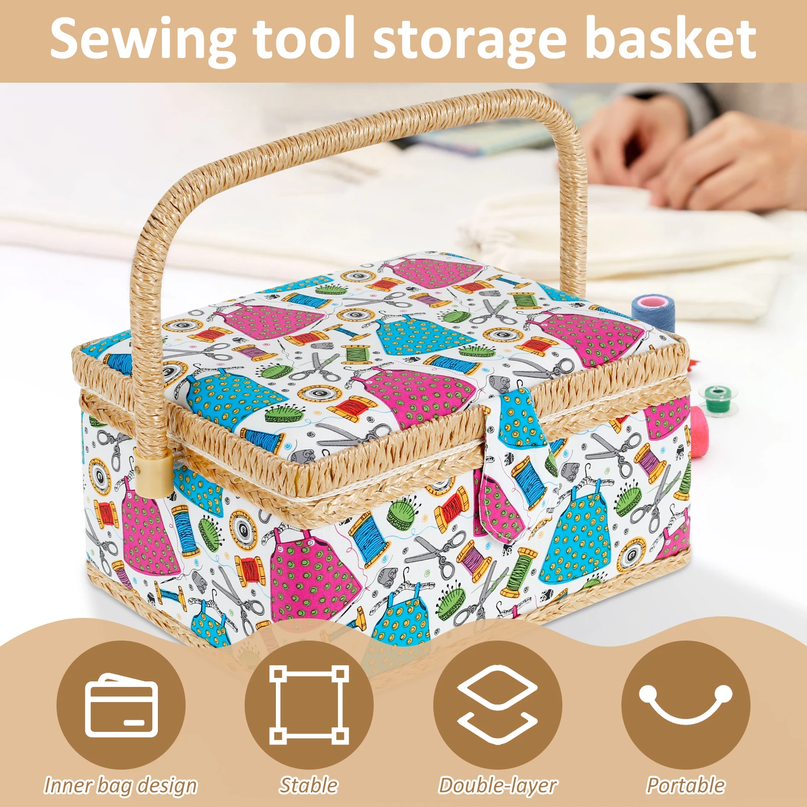 Sewing Basket with Removable Tray Practical Sewing Basket Organizer with Interior Pocket Portable Sewing Storage Box Stylish