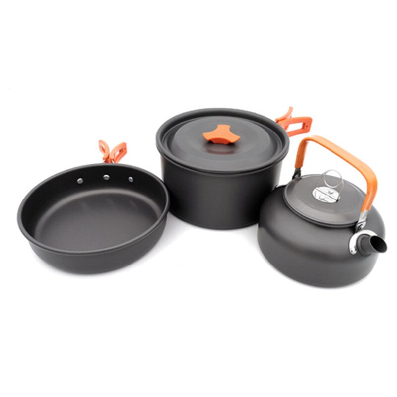 Vilead draagbare kampeerset met pot, pan en waterkoker van aluminiumlegering, servies voor buiten, kookgerei, 3 stuks/set, theepot, kookgereedschap voor picknick en barbecue.: Oranje kookgerei