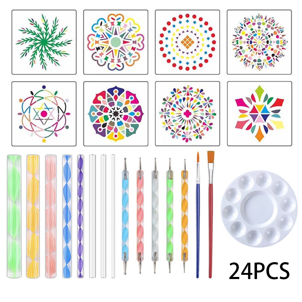 24 Piece Rock Dotting Tools + 8pcs Stencils Art Painting Tools Set DIY Stencil Painting Kit Pens Brushes Set