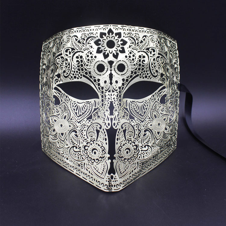 Goud Zilver Kleur Volledige Gezicht Bauta Phantom Cosplay Masker Black Metal Schedel Shield Mardi Gras Joker Party Masker: Zilver