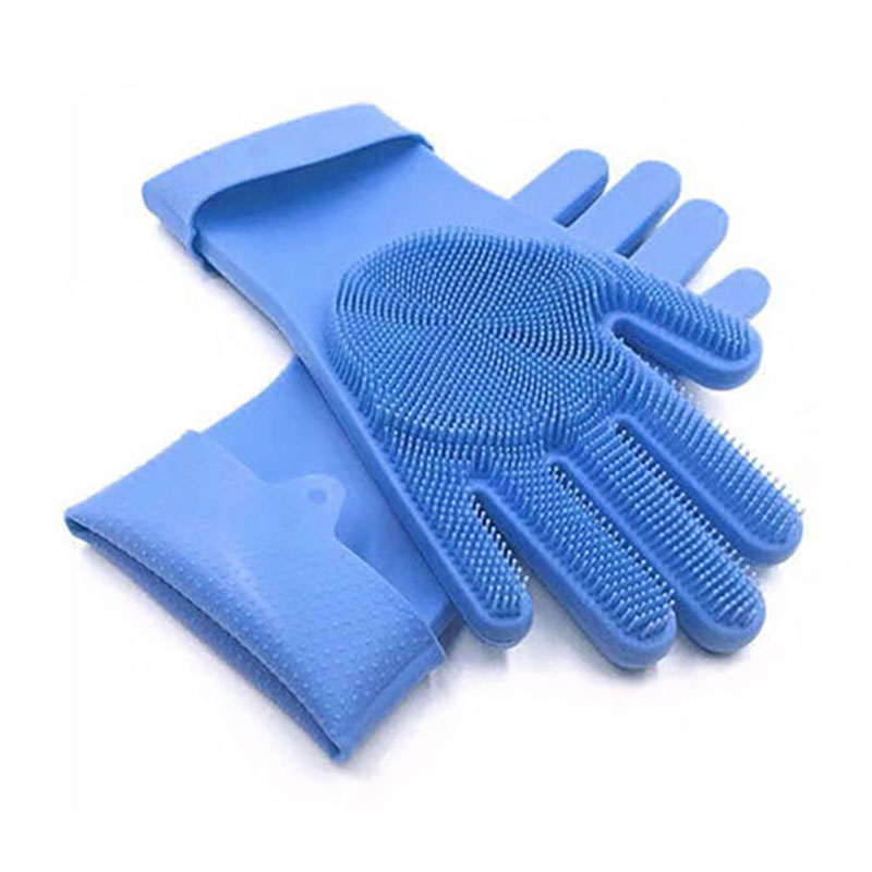 1 par silikone fade rengøringshandske køkkenvask husholdning bil kæledyr skrubbe handsker med rengøringsbørste madvask handske: Blå