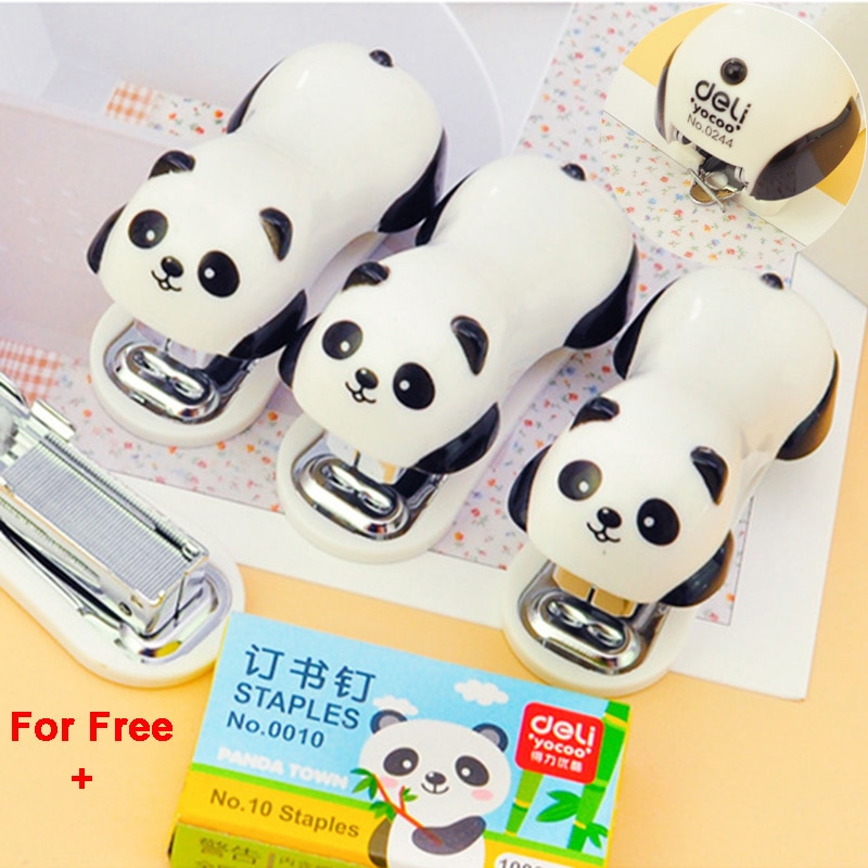 Deli-Mini juego de grapas de dibujos animados Kawaii Panda, 1000 unidades, grapas 24/6, suministros escolares de oficina para 40 hojas, encuadernación