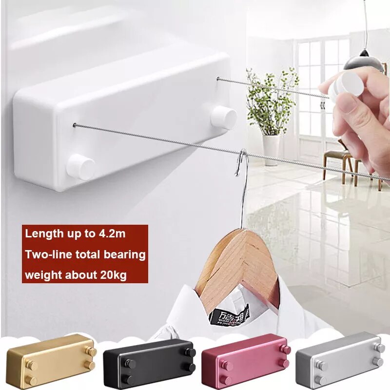 Retractable Clothesline Indoors Laundry Line with Adjustable Stainless Steel Double Rope Wall Mounted Space-Saver Drying Line