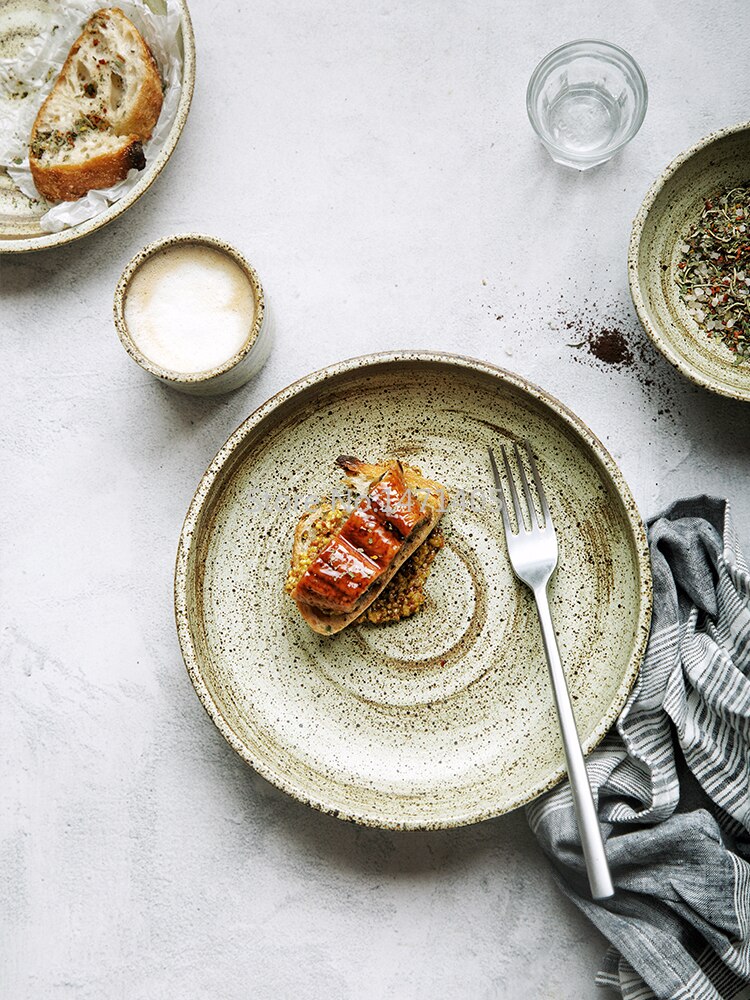 Japanese Style Handmade Ceramic Retro Home Restaurant with Fish Deep Dish Steak Plate Rice Bowl Teacup