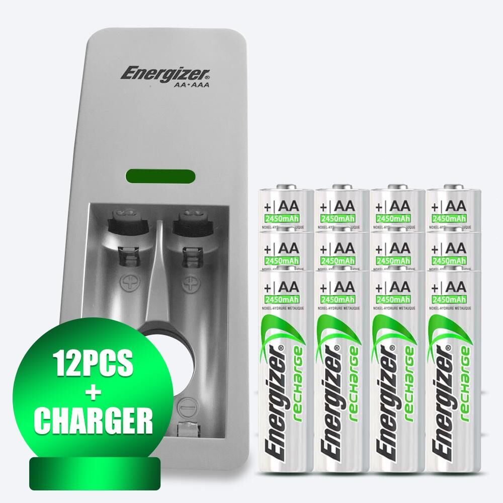 Energizer 1.2V 2450mAh AA NI-MH NIMH Rechargeable Battery For Camera Toy Mouse Flashlight MP3 Remote Control+2 Slots USB Charger: 12PCS