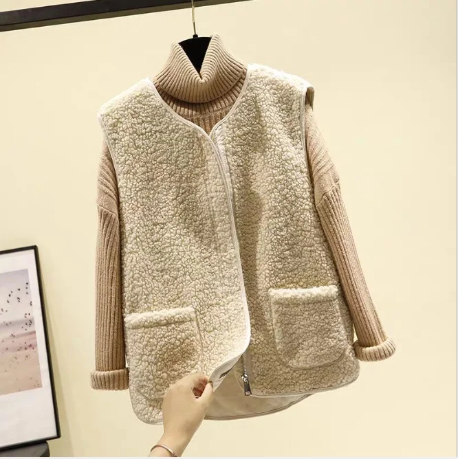 Autumn Winter Women's Vest Lamb Wool Korean Version Versatile Imitation Fur One Short Girls' Vest Zipper Coat Casual Beige