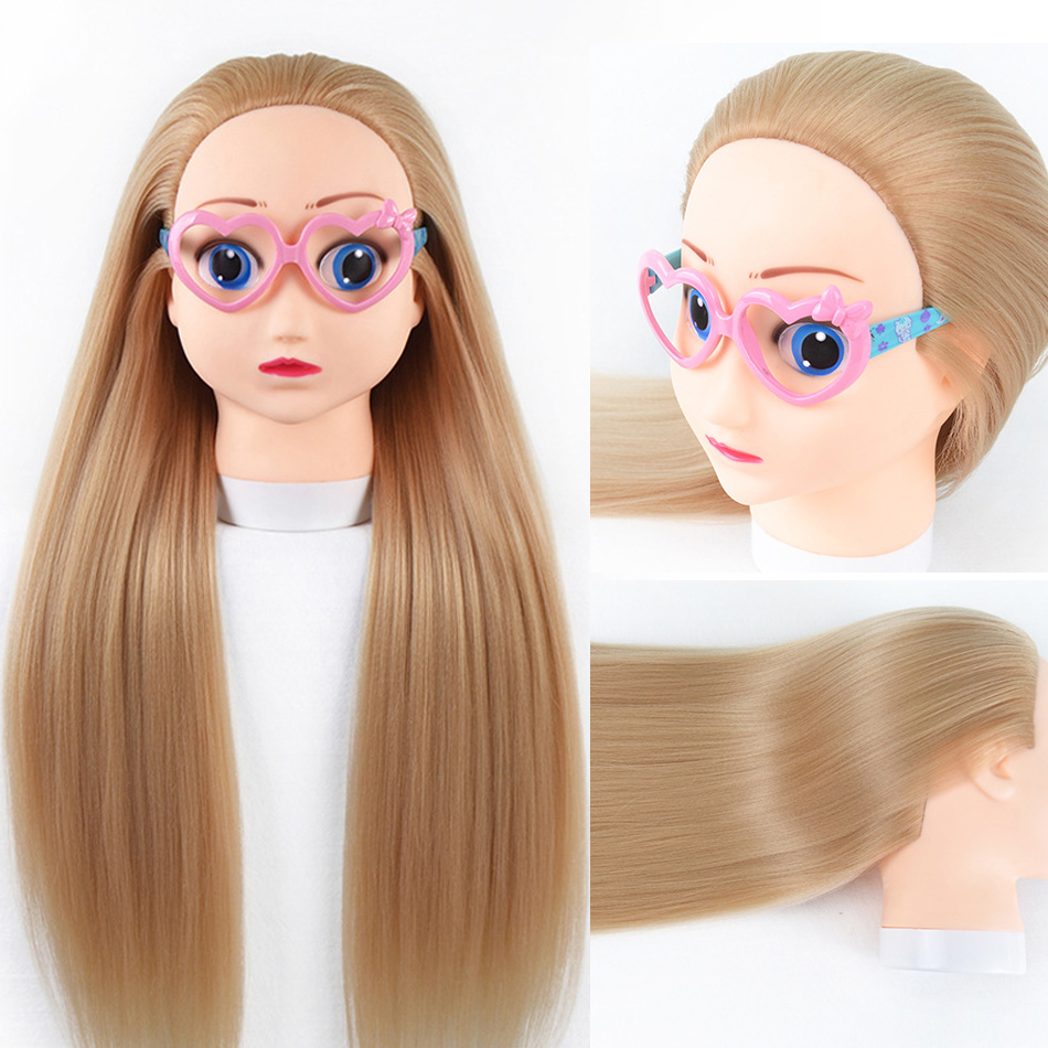 Female 3D Blue Eye Blonde Gold Human Hair Mix Synthetic Curl Training Styling Head Mannequin Doll: GRAY