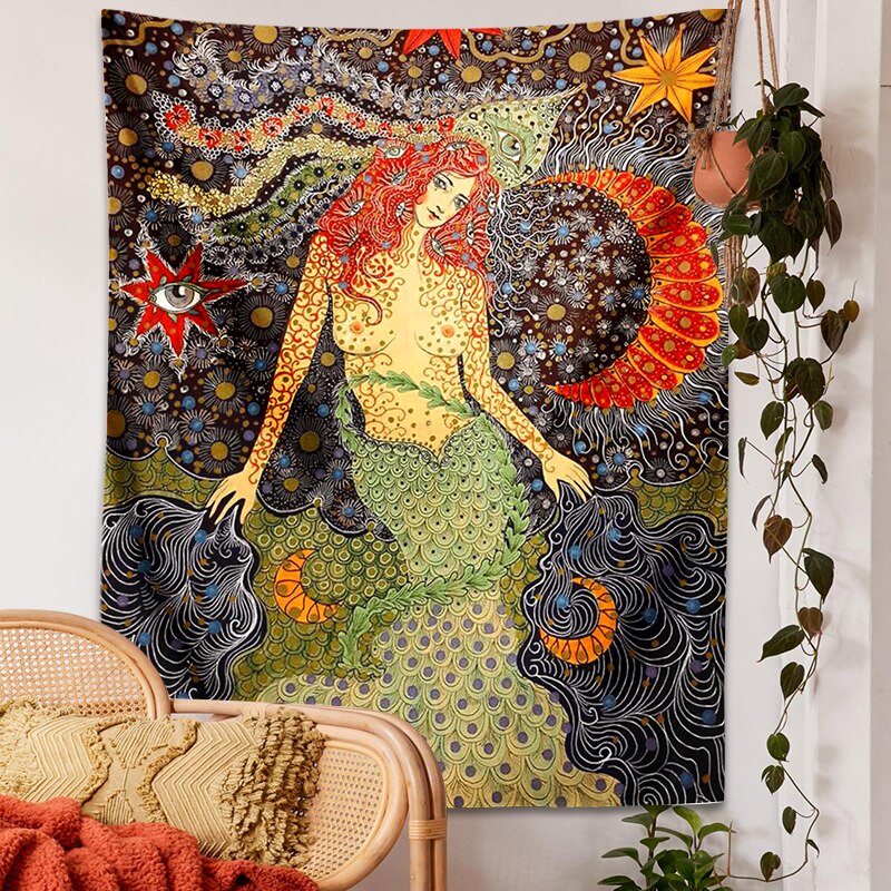 Tapisserie murale psychédélique pour filles, tapis floral céleste, tapis hippicopter Eye, décor de dortoir, tapis ciel étoilé: Orange Fluorescent