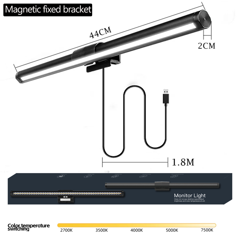 Lâmpada de mesa led para cuidados com os olhos, barra de luz para monitor de pc, tela rgb, barra de luz com escurecimento contínuo, lâmpada de mesa suspensa para leitura: Preto