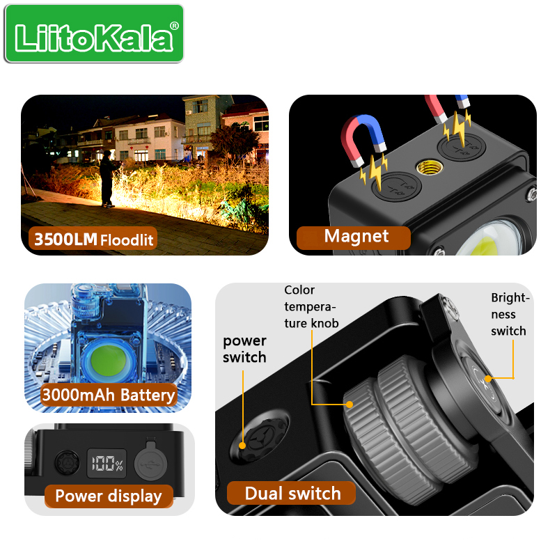 Liitokala xy -009 bærbar udendørs arbejdslampe med indbygget genopladeligt batteri til kraftig lysbelysning.