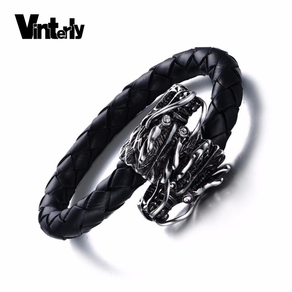Vinterly Vintage Zwart Gevlochten Lederen Armbanden Verstelbare Rock Dragon Head Charm Armbanden & Bangles voor Mannen Sieraden